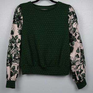 Anthropologie Porridge green textured floral sleeve mixed media sweatshirt-XS